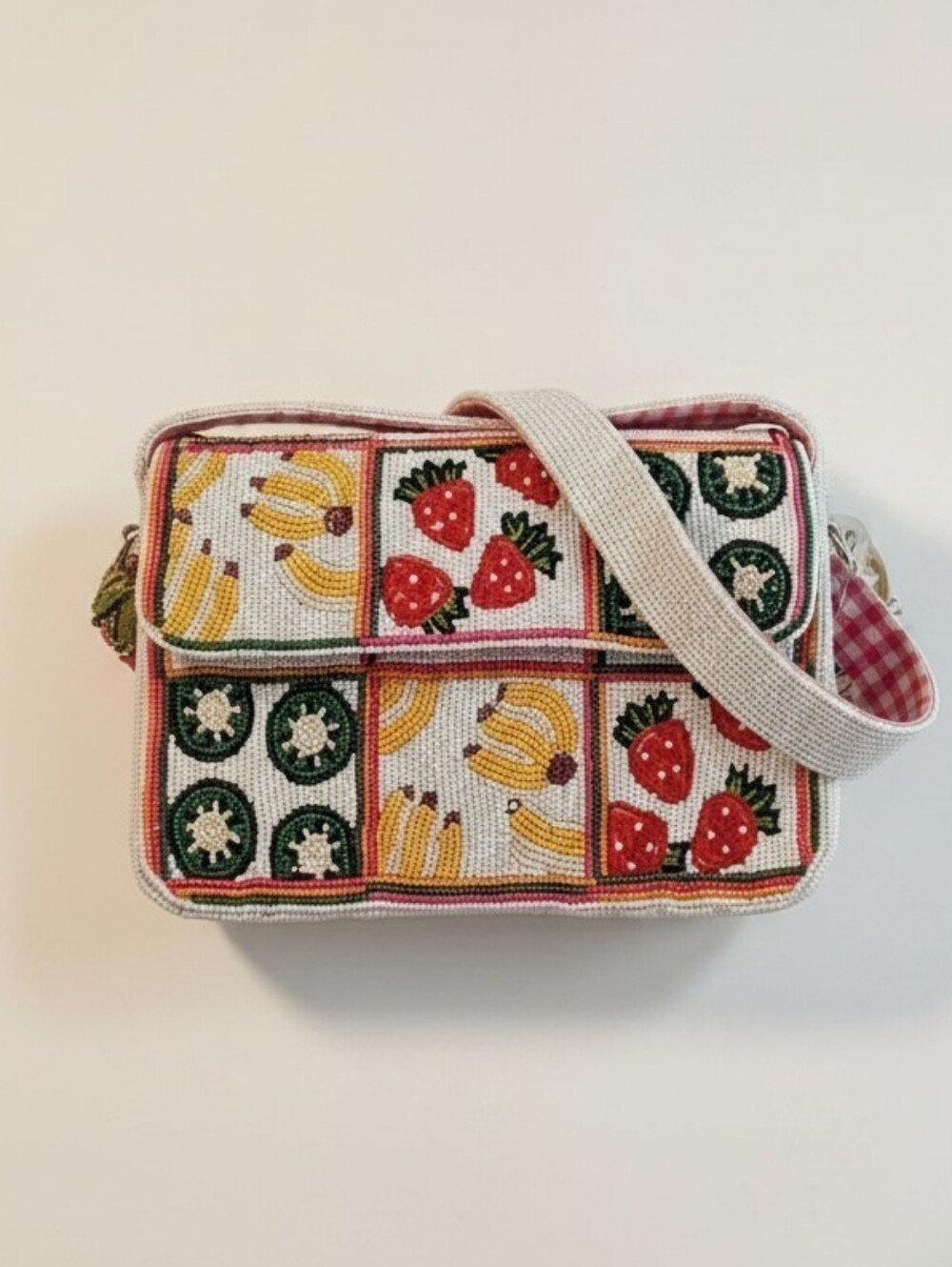 HANDCRAFTED IN  INDIA Beaded Fruit Pattern Crossbody Bag - Pink, Red, Yellow